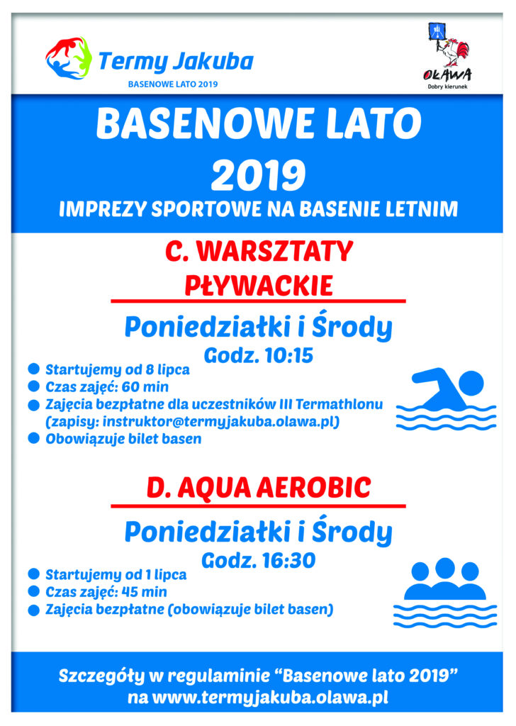 plakat basenowe lato 2019, warsztaty pływackie, aqua aerobik